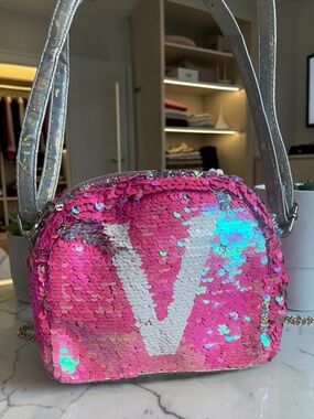Justice Pink Sequin Mini Crossbody with Iridescent Strap and White Accent